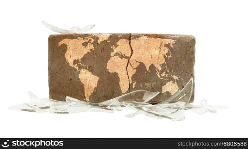 Brick with broken glass, violence concept, world map