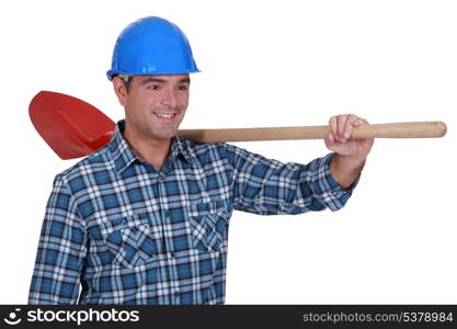 bricklayer holding shovel isolated on white