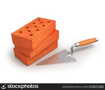 Bricks and trowel isolated on white background