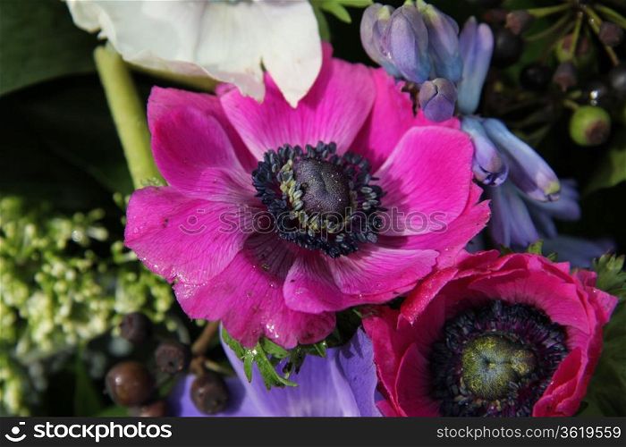 Bridal bouquet: anemones in different shades of pink and purple