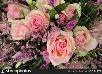 Bridal bouquet: pink roses and purple accents