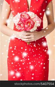 bridal, floral, holidays concept - woman hands with bouquet of flowers