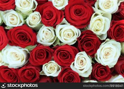 Bridal flower arrangement, red and white roses