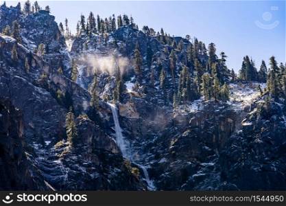 Bridalveil Falls waterfall in Yosemite National Park San Francisco in North California United States. USA National park landmark and famous tourist spot for travel destination and adventure concept.