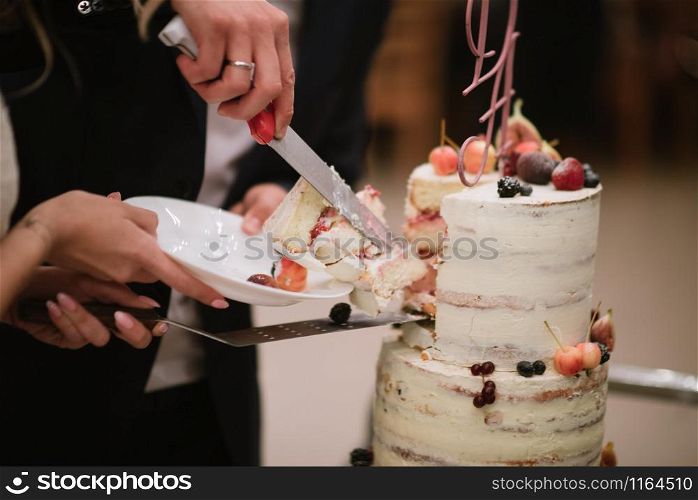 Bride and groom cut the wedding cake. Bride and groom cut the wedding cake close up