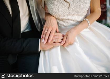 Bride and groom holding hands with wedding rings