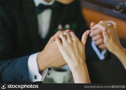Bride and groom holding hands with wedding rings