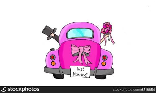 "Bride and groom in pink car with "Just Married" sign"