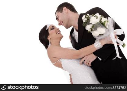 Bride and groom just married posing happily on white background