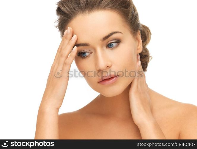 bride and wedding concept - depressed woman holding hands on her neck and forehead. woman holding hands on her neck and forehead