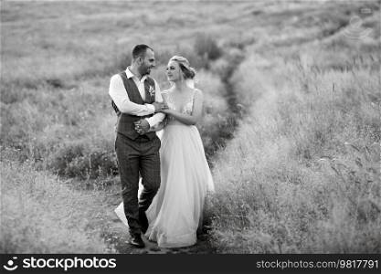 bride blonde girl and groom in a field at sunset light