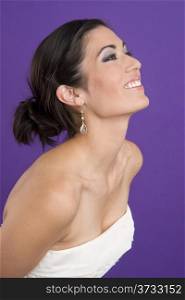 Bride Excited Vertical Composition White Gown on Purple Background. Beautiful Brunette Bride