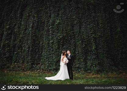 bride in a long white dress with a wedding bouquet along with a groom in a stylish suit after a wedding ceremony in front wall with green ivy