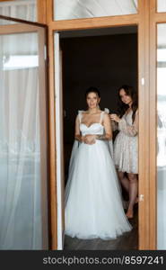 bride in a white dress at the training c&inside the hotel