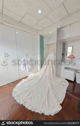 Bride wedding dress in a white room, interior design