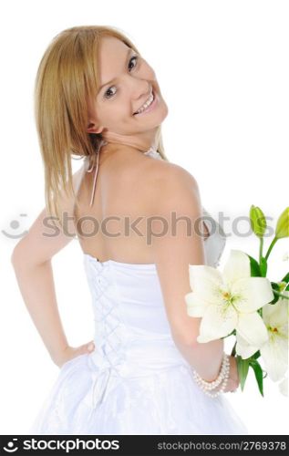 bride with a bouquet. Isolated on white background