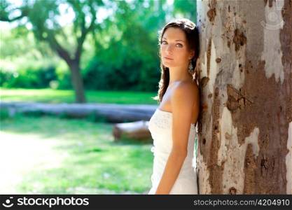 bride woman happy posing in outdoor tree park
