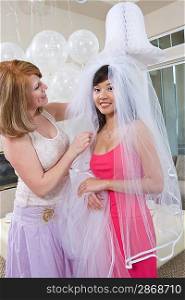 Bridesmaid adjusting bride&acute;s veil at bridal shower