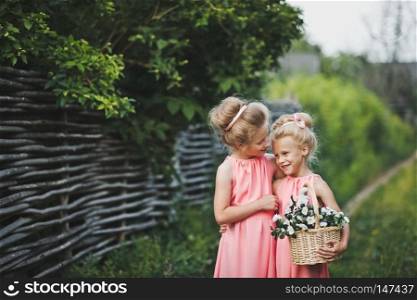 Bridesmaids in pink dresses and with makeup on nature.. Portrait of the children on the background of a rustic fence 6613.