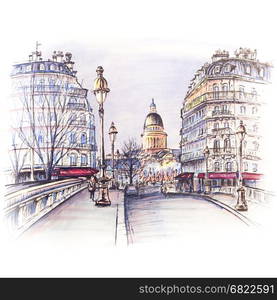 Bridge across river Seine Pont Louis Philippe near the Ile de la Cite in the winter morning, Pantheon in the background, Paris, France. Picture made markers