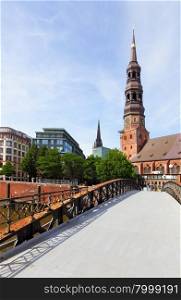 Bridge and Church of St. Catherine in Hamburg, Germany
