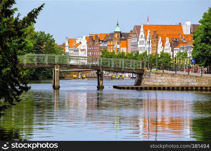 bridge and houses on the bank of the river Trave, Lubeck