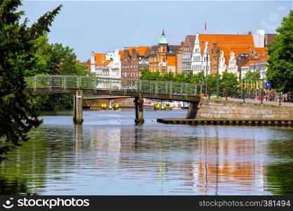 bridge and houses on the bank of the river Trave, Lubeck