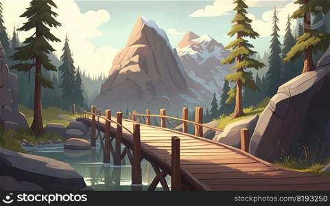 bridge between mountains. nature countryside, scenic path, scenery landscape, gras green, travel bridge between mountains ai generated illustration. bridge between mountains ai generated