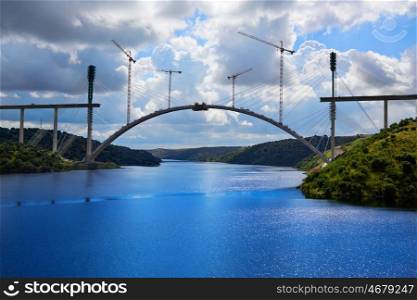 Bridge construction along Tajo river in Spain Extremadura by Via de la Plata way
