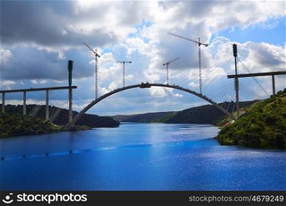 Bridge construction along Tajo river in Spain Extremadura by Via de la Plata way