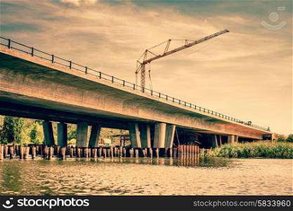 Bridge construction area with a crane