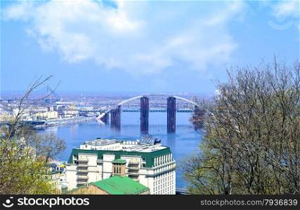 Bridge construction site across Dnieper river, Kiev, Ukraine