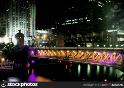 Bridge in a city lit up at night, Michigan Avenue Bridge, Chicago River, Chicago, Illinois, USA