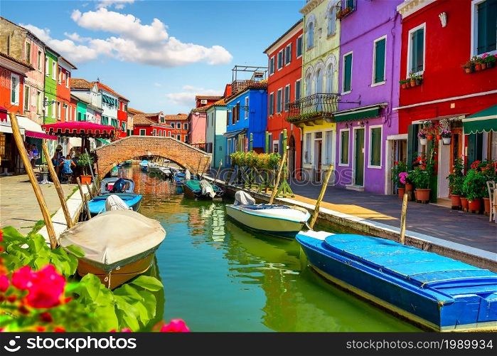 Bridge in colored Burano in summer, Italy