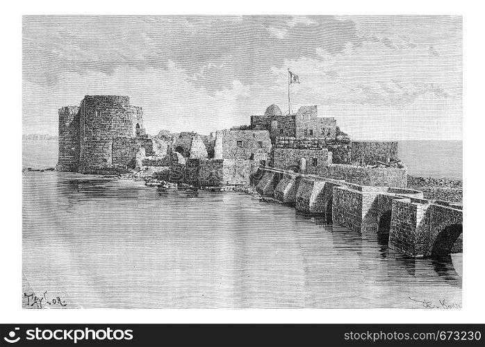 Bridge linking the town to Sidon Sea Castle in Sidon, Lebanon, vintage engraved illustration. Le Tour du Monde, Travel Journal, 1881