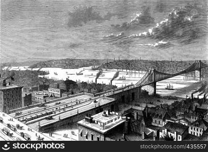 Bridge New York, on the East River. View of the East river, vintage engraved illustration. Journal des Voyage, Travel Journal, (1879-80).