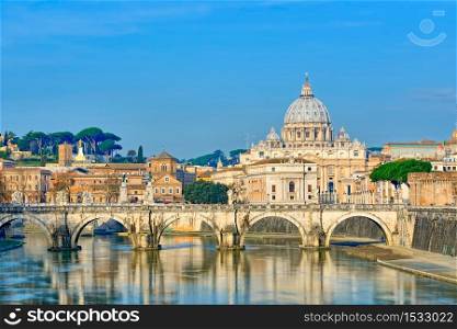 Bridge of Castel St. Angelo on the Tiber.Dome of St. Peter basilica, Rome - Italy