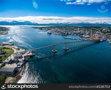 Bridge of city Tromso, Norway aerial photography. Tromso is considered the northernmost city in the world with a population above 50,000.