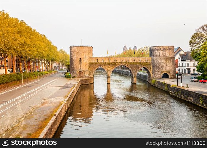 Bridge of holes or Pont des Trous, the medieval bridge across the river Escaut, Tournai, Belgium