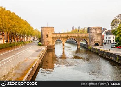 Bridge of holes or Pont des Trous, the medieval bridge across the river Escaut, Tournai, Belgium