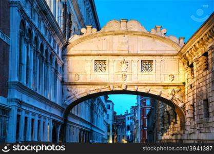 Bridge of sighs in Venice, Italy at the night time