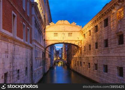 Bridge of Sighs or Ponte dei Sospiri at night, Venice, Italy
