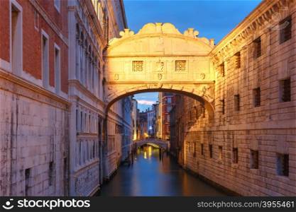 Bridge of Sighs or Ponte dei Sospiri at night, Venice, Italy
