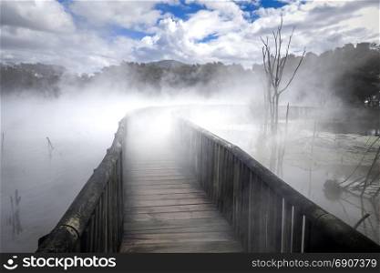 Bridge on a misty lake in Rotorua volcanic area, New Zealand. Bridge on a misty lake in Rotorua, New Zealand