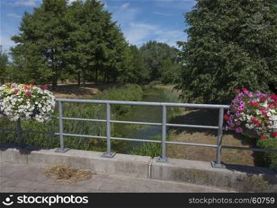 bridge over brook with flowers in countryside near Gooreind north of antwerp in belgium