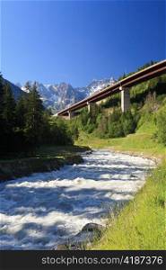 bridge over Dora Baltea river,Courmayeur, Aosta Valley, Italy