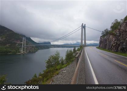 bridge over Lysefjord at the overcast weather, Norway