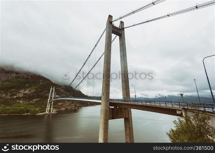 bridge over Lysefjord at the overcast weather, Norway
