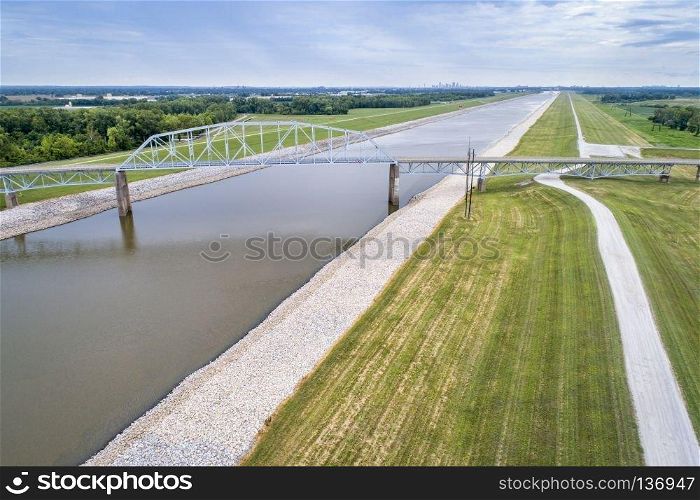 bridge over the Chain of Rocks Canal of MIssissippi River above St Louis - aerial view