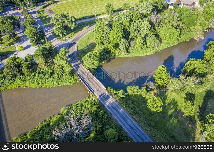 bridge over the Middle Loupe River at Halsey, Nebraska National Forest - aerial view